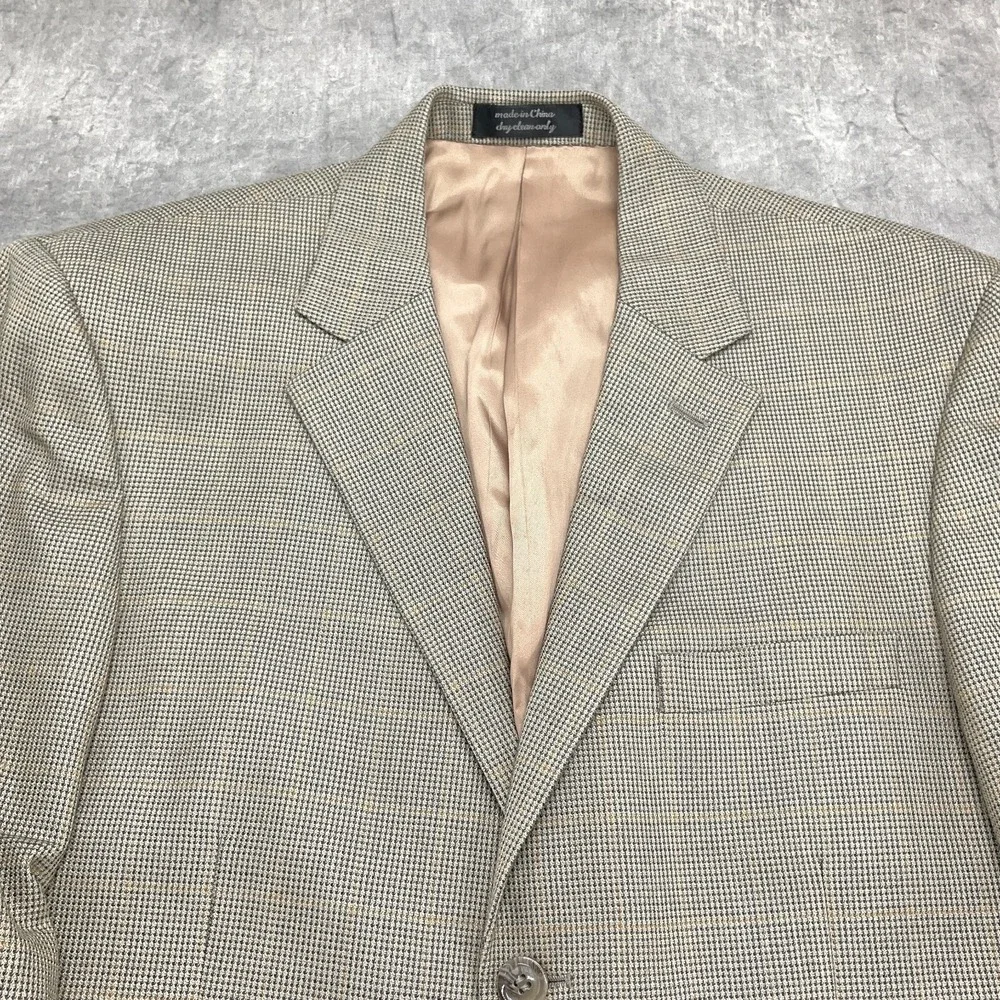 Andrew Fezza Blazer Men 41 Long Tan Gray Glen Plaid Gold Silk Wool Classic